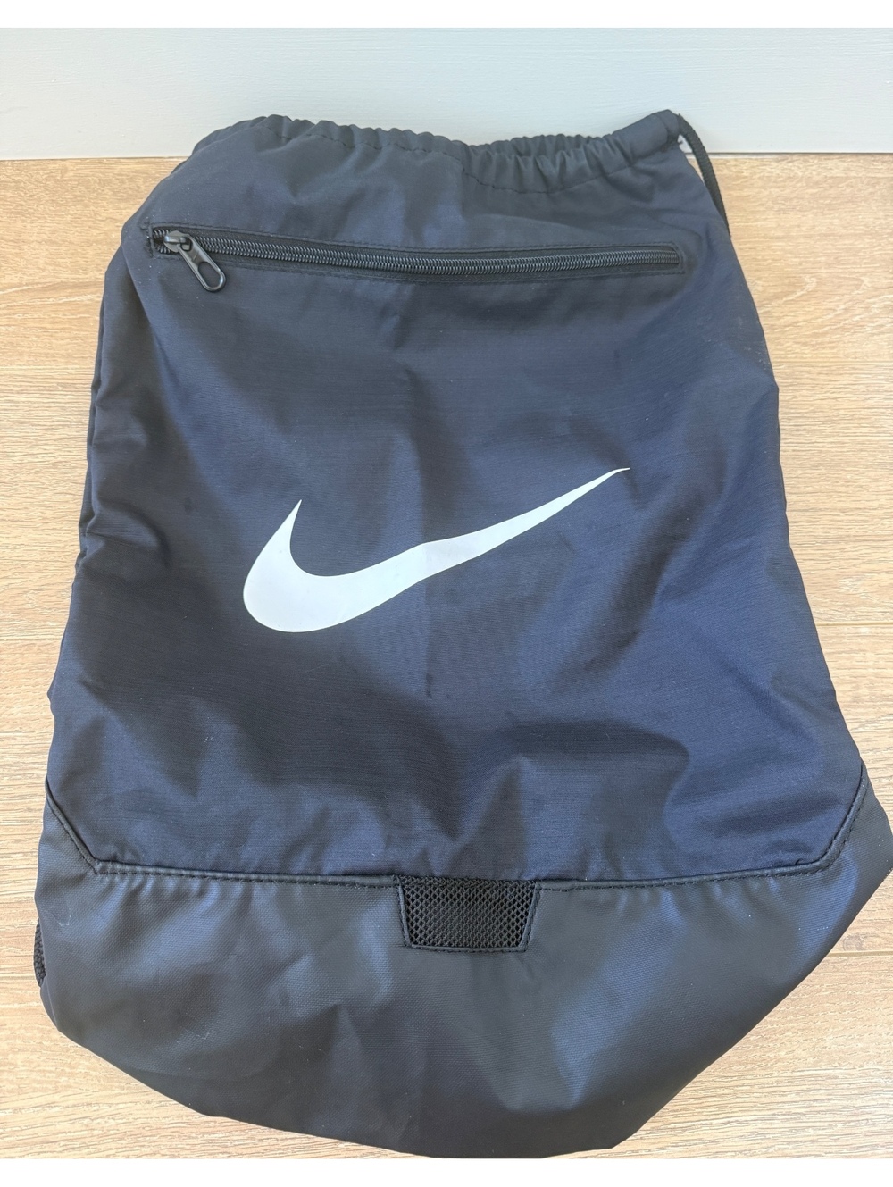 Nike Black Drawstring Gym Sack Backpack with White Swoosh Logo